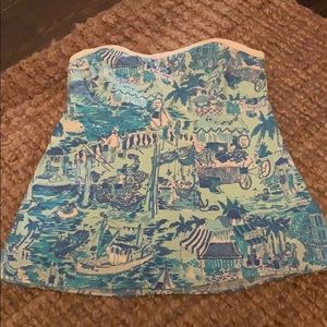 Toile blue and white strapless top